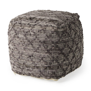 16" Brown and Gray Cotton And Leather Geometric Cube Pouf Ottoman
