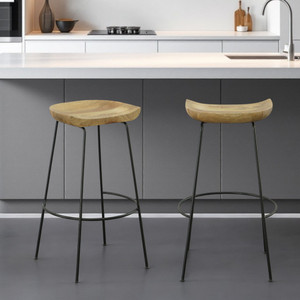 Set of Two 31" Natural and Black Solid Wood and Steel Backless Bar Height Bar Chairs