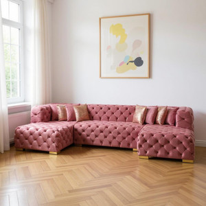 Tufted Pink Velvet Modular U Shaped Sofa and Chaise Sectional With Toss Pillows