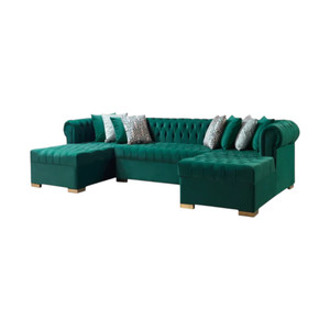 Green Velvet U Shaped Three Piece Sofa and Chaise Sectional With Toss Pillows