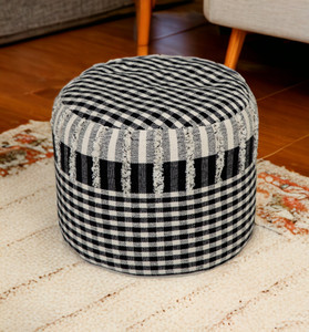 18" Black Cotton Cylinder Plaid Pouf Ottoman