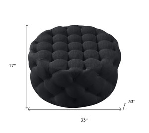 33" Black Linen Tufted Round Cocktail Ottoman