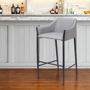 30" Slate Gray And Black Fabric And Steel Bar Height Bar Chair
