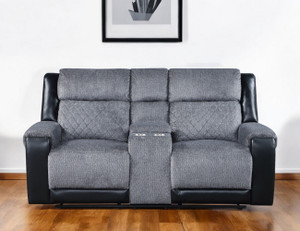 76" Gray and Black Faux Leather and Microfiber Manual Reclining Loveseat With Storage