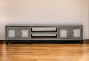 93" Gray Solid Wood Cabinet Enclosed Storage Distressed TV Stand - 606114745556