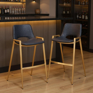 Set of Two 30" Black and Gold Faux Leather and Steel Low Back Bar Height Bar Chairs