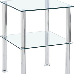 Set of Two Clear and Silver Glass and Metal Square End Tables With Shelf