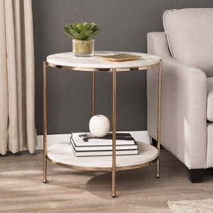 24" Champagne Faux Marble And Iron Round End Table With Shelf - 808230107984