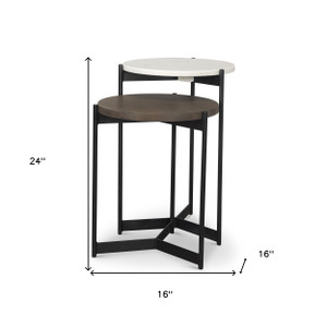 Set of Two Dark Brown and Black Marble Solid Wood and Metal Round Nested Tables