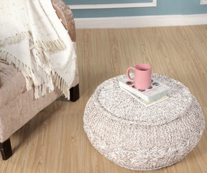 20" Beige Cotton Round Geometric Pouf Ottoman