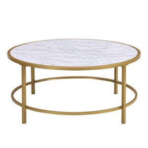 36" White And Gold Faux Marble And Metal Round Coffee Table - 606114747055