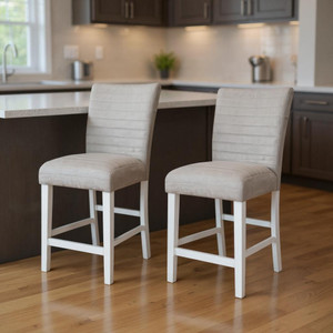 Set of Two 25" Gray and White Velvet and Solid Wood Counter Height Bar Chairs