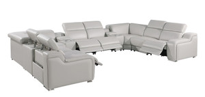 Light Gray Italian Leather Power Reclining U Shaped Ten Piece Corner Sectional With Console
