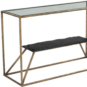 48" Clear and Brass Glass Iron and Stone Frame Console Table With Shelf
