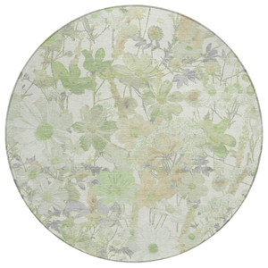 8' Artichoke Green Lavender And Beige Round Floral Washable Indoor Outdoor Area Rug