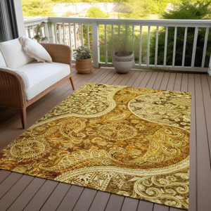 9' X 12' Terra Cotta Brown And Gold Floral Medallion Washable Indoor Outdoor Area Rug