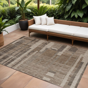 9' X 12' Brown And Beige Striped Washable Indoor Outdoor Area Rug - Brown, Beige