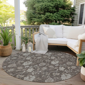 8' Chocolate Beige And Taupe Round Floral Washable Indoor Outdoor Area Rug