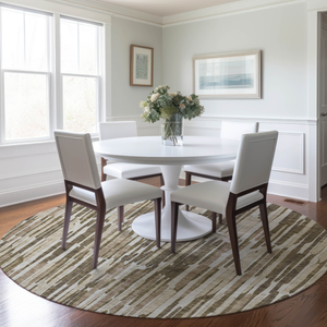 8' Brown And Taupe Round Abstract Washable Indoor Outdoor Area Rug