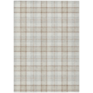 10' X 14' Linen And Brown Plaid Washable Indoor Outdoor Area Rug