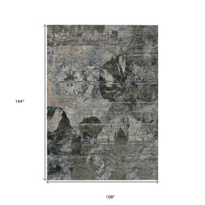9' X 12' Gray Dark Green And Black Floral Washable Indoor Outdoor Area Rug