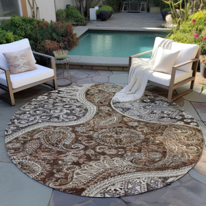 8' Brown Beige And Tan Round Floral Medallion Washable Indoor Outdoor Area Rug