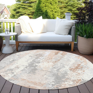 8' Coral And Ivory Round Abstract Washable Indoor Outdoor Area Rug - Coral, Ivory