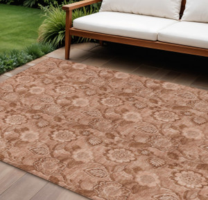 10' X 14' Terra Cotta And Copper Floral Washable Indoor Outdoor Area Rug