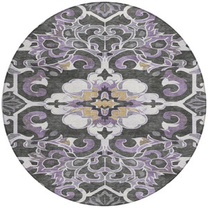 8' Purple And Charcoal Round Damask Washable Indoor Outdoor Area Rug