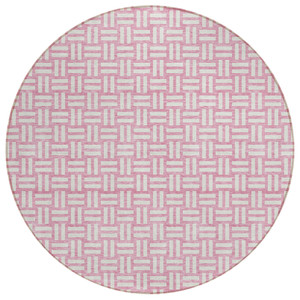 8' Pink And Ivory Round Geometric Washable Indoor Outdoor Area Rug Transitional Style - Pink, Ivory Color