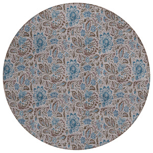 8' Brown And Blue Round Floral Washable Indoor Outdoor Area Rug