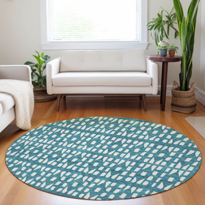 8' Teal Blue And Ivory Round Geometric Washable Indoor Outdoor Area Rug - Teal Blue, Ivory
