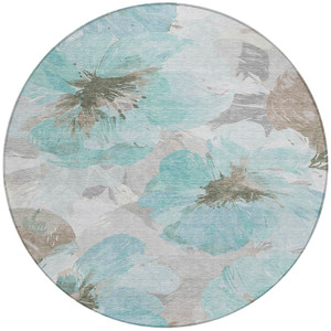8' Teal Blue And Aqua Round Floral Washable Indoor Outdoor Area Rug - Teal Blue, Ivory