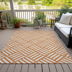 9' X 12' Orange And Ivory Geometric Washable Indoor Outdoor Area Rug