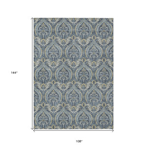 9' X 12' Blue and Cream Damask Washable Non Skid Indoor Outdoor Area Rug