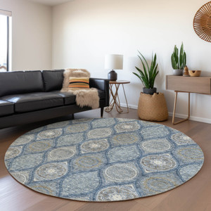 8' Navy Blue Ivory And Taupe Round Floral Medallion Washable Indoor Outdoor Area Rug