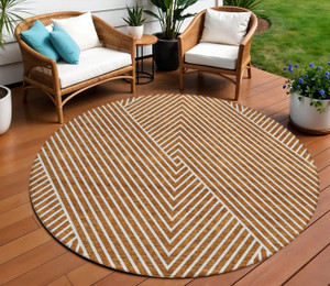 8' Terra Cotta And Ivory Round Geometric Washable Indoor Outdoor Area Rug - Terra Cotta, Ivory