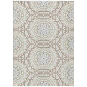 9' X 12' Ivory Beige And Silver Floral Medallion Washable Indoor Outdoor Area Rug