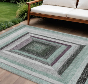 8' X 10' Pale Aqua Ivory And Gray Geometric Washable Indoor Outdoor Area Rug