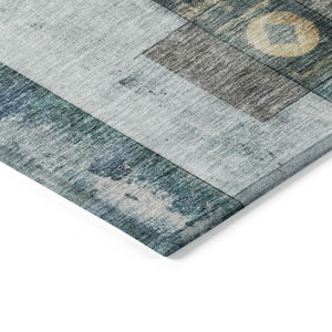 8' X 10' Teal Blue Gray And Gold Geometric Washable Indoor Outdoor Area Rug