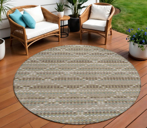 8' Taupe And Brown Round Geometric Washable Indoor Outdoor Area Rug - 880016871913