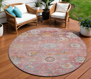8' Pink Gray And Gold Round Floral Washable Indoor Outdoor Area Rug