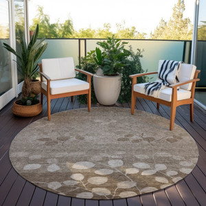 8' Taupe And Beige Round Floral Washable Indoor Outdoor Area Rug - 880016690811