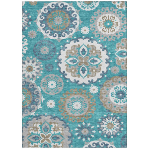10' X 14' Teal Blue Taupe And Gray Floral Medallion Washable Indoor Outdoor Area Rug