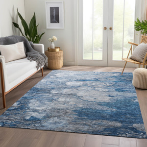 10' X 14' Denim Blue And Sky Blue Abstract Washable Indoor Outdoor Area Rug Transitional Style - Denim Blue, Sky Blue Color