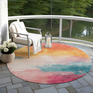 8' Pink Gold And Teal Blue Round Abstract Washable Indoor Outdoor Area Rug