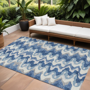 9' X 12' Navy Blue And Sky Blue Abstract Washable Indoor Outdoor Area Rug - 608219273712