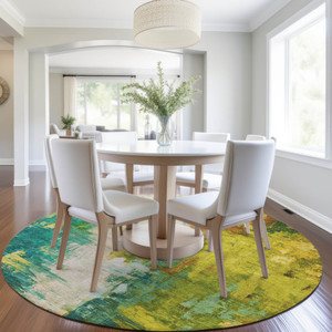 8' Green And Gold Round Abstract Washable Indoor Outdoor Area Rug
