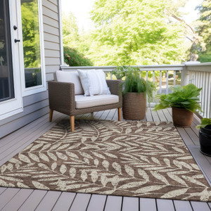 9' X 12' Brown And Beige Floral Washable Indoor Outdoor Area Rug - 608219028817