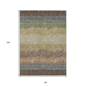 8' X 10' Chocolate Gray And Green Striped Washable Indoor Outdoor Area Rug